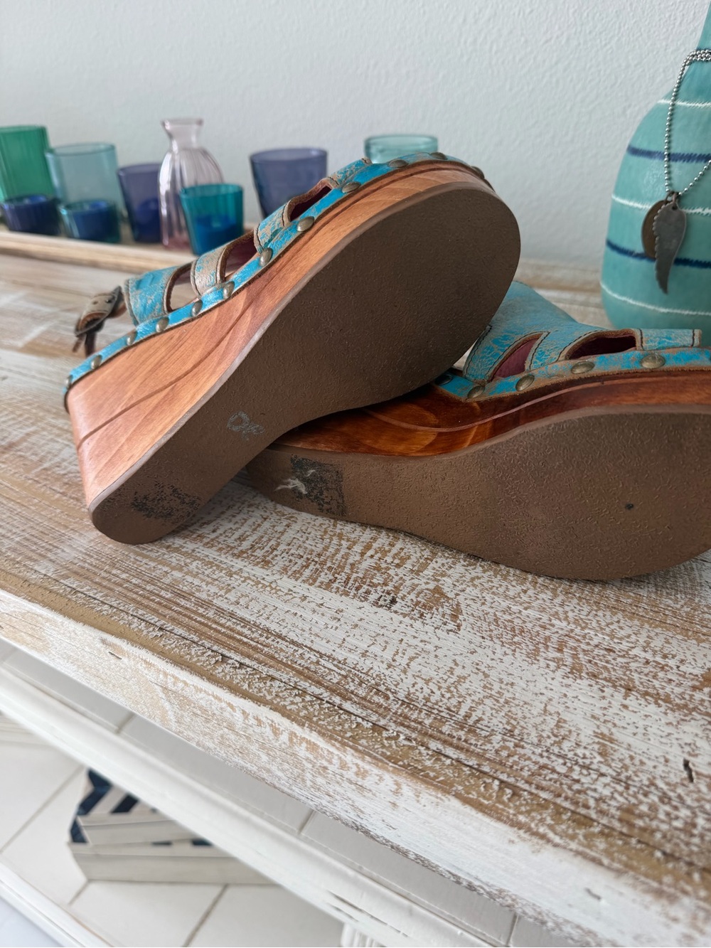 Bed Stu Turquoise Leather Wedge Sandals